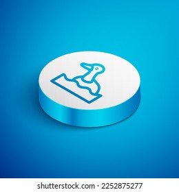 Línea isométrica Icono de pato volador aislado en fondo azul. Botón Círculo blanco. Vector