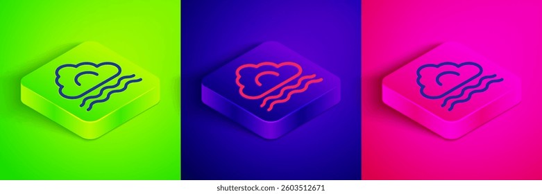 Isometric line Fog and cloud icon isolated on green, blue and pink background. Square button. Vector