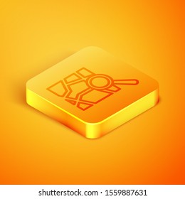 Isometric line Folded map with location marker icon isolated on orange background. Orange square button. Vector Illustration