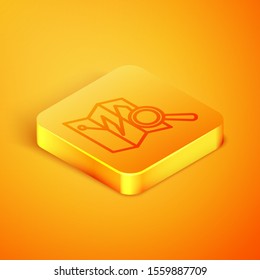 Isometric line Folded map with location marker icon isolated on orange background. Orange square button. Vector Illustration