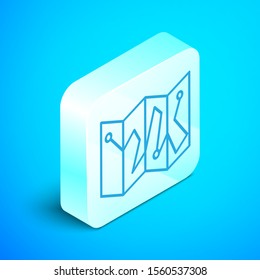 Isometric line Folded map with location marker icon isolated on blue background. Silver square button. Vector Illustration