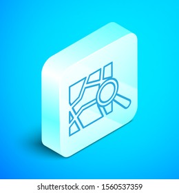 Isometric line Folded map with location marker icon isolated on blue background. Silver square button. Vector Illustration
