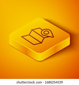 Isometric line Folded map with location marker icon isolated on orange background. Yellow square button. Vector Illustration