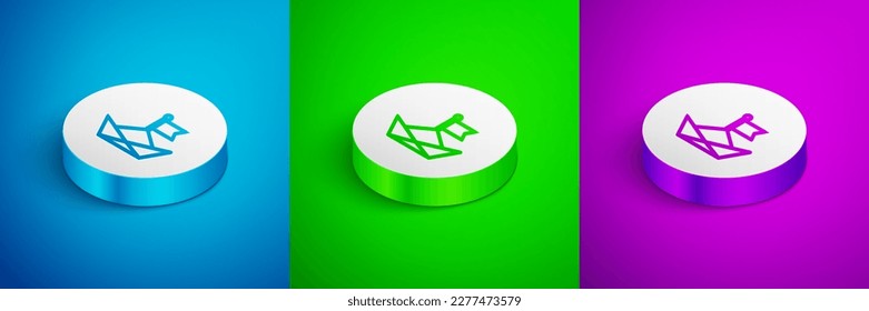 Isometric line Folded paper boat icon isolated on blue, green and purple background. Origami paper ship. White circle button. Vector