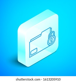 Isometric line Folder and lock icon isolated on blue background. Closed folder and padlock. Security, safety, protection concept. Silver square button. Vector Illustration
