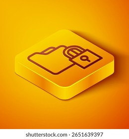 Isometric line Folder and lock icon isolated on orange background. Closed folder and padlock. Security, safety, protection concept. Yellow square button. Vector