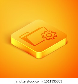 Isometric line Folder settings with gears icon isolated on orange background. Software update, transfer protocol, teamwork tool management. Orange square button. Vector Illustration