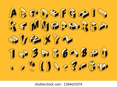 Isometric line font and halftone alphabet letters vector illustration. Abstract trend retro typography with numbers and symbols or signs in geometric 3D shape style on yellow background