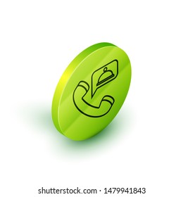 Isometric line Food ordering icon isolated on white background. Order by mobile phone. Restaurant food delivery concept. Green circle button. Vector Illustration
