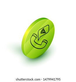 Isometric line Food ordering pizza icon isolated on white background. Order by mobile phone. Restaurant food delivery concept. Green circle button. Vector Illustration