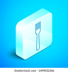 Isometric line Fork icon isolated on blue background. Cutlery symbol. Silver square button. Vector Illustration