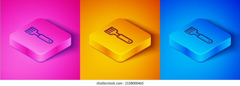 Isometric line Fork icon isolated on pink and orange, blue background. Cutlery symbol. Square button. Vector