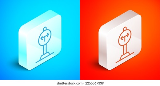 Isometric line Fork in the road icon isolated on blue and red background. Silver square button. Vector