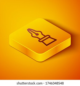 Isometric line Fountain pen nib icon isolated on orange background. Pen tool sign. Yellow square button. Vector Illustration