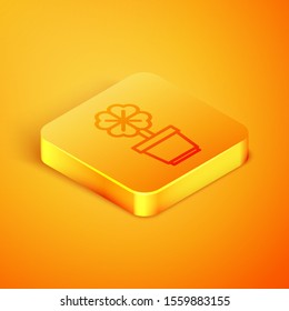 Isometric line Four leaf clover in pot icon isolated on orange background. Happy Saint Patrick day. Orange square button. Vector Illustration