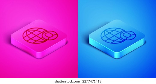 Isometric line Freelancer icon isolated on pink and blue background. Freelancer man working on laptop at his house. Online working, distant job concept. Square button. Vector