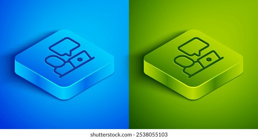 Isometric line Freelancer icon isolated on blue and green background. Freelancer man working on laptop at his house. Online working, distant job concept. Square button. Vector