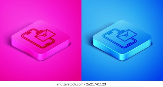 Linha isométrica ícone Freelancer isolado no fundo rosa e azul. Homem Freelancer trabalhando em laptop em sua casa. Trabalho on-line, conceito de trabalho distante. Botão quadrado. Vetor