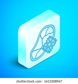 Isometric line Fresh frozen steak meat icon isolated on blue background. Silver square button. Vector Illustration
