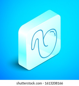 Isometric line Fried chicken wing icon isolated on blue background. Silver square button. Vector Illustration