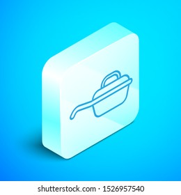 Isometric line Frying pan icon isolated on blue background. Fry or roast food symbol. Silver square button. Vector Illustration