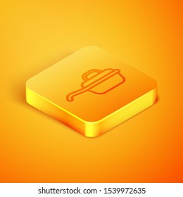 Isometric line Frying pan icon isolated on orange background. Fry or roast food symbol. Orange square button. Vector Illustration