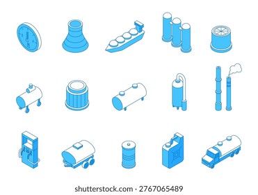 Isometric line fuel factory. Extraction and processing of fuel, oil, gas. Transportation by water, land, pipes, special containers, canister, nifty vector set