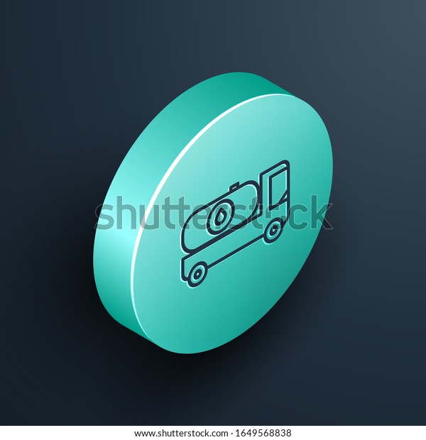 Isometric line Fuel tanker truck icon\
isolated on black background. Gasoline tanker. Turquoise circle\
button. Vector\
Illustration