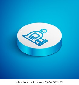 Isometric line Full sack and wooden box icon isolated on blue background. White circle button. Vector
