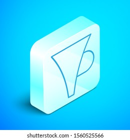 Isometric line Funnel or filter icon isolated on blue background. Silver square button. Vector Illustration