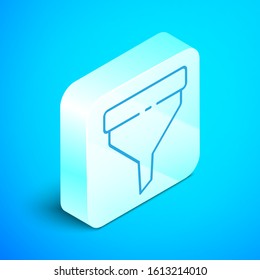 Isometric line Funnel or filter icon isolated on blue background. Silver square button. Vector Illustration