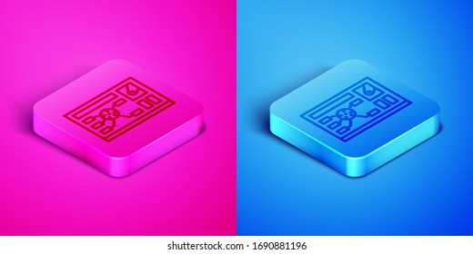 Isometric line Futuristic hud interface icon isolated on pink and blue background. Hologram ui infographic, interactive globe and cyber sky fi screen. Square button. Vector Illustration