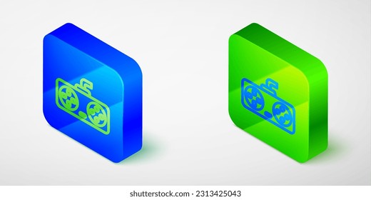 Isometric line Game controller or joystick for game console icon isolated on grey background. Blue and green square button. Vector