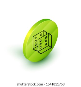 Isometric line Game dice icon isolated on white background. Casino gambling. Green circle button. Vector Illustration