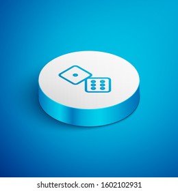 Isometric line Game dice icon isolated on blue background. Casino gambling. White circle button. Vector Illustration