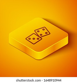 Isometric line Game dice icon isolated on orange background. Casino gambling. Yellow square button. Vector Illustration