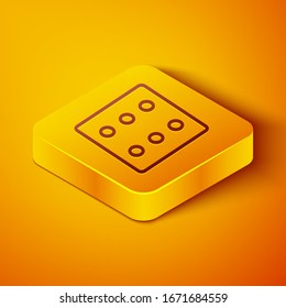 Isometric line Game dice icon isolated on orange background. Casino gambling. Yellow square button. Vector Illustration