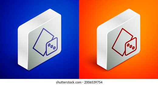 Isometric line Game dice icon isolated on blue and orange background. Casino gambling. Silver square button. Vector