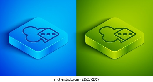 Isometric line Game dice icon isolated on blue and green background. Casino gambling. Square button. Vector