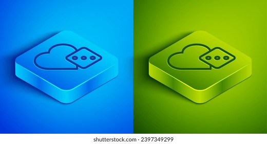 Isometric line Game dice icon isolated on blue and green background. Casino gambling. Square button. Vector