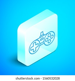 Isometric line Gamepad icon isolated on blue background. Game controller. Silver square button. Vector Illustration