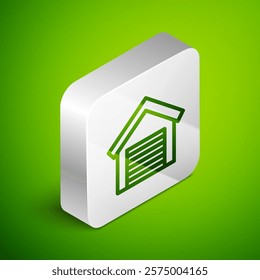 Isometric line Garage icon isolated on green background. Silver square button. Vector