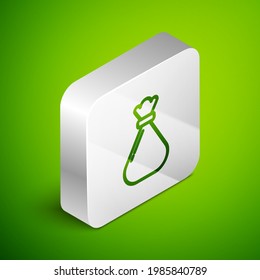 Isometric line Garbage bag icon isolated on green background. Silver square button. Vector Illustration
