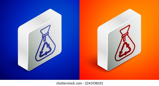 Línea isométrica Bolsa de basura con el símbolo de reciclaje aislado en fondo azul y naranja. Icono de la barra diagonal. Reciclar el signo de la canasta. Botón cuadrado plateado. Vector