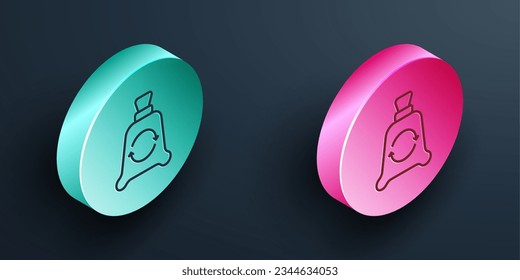 Línea isométrica Bolsa de basura con el símbolo de reciclaje aislado en el fondo negro. Icono de la barra diagonal. Reciclar el signo de la canasta. Botón de círculo color turquesa y rosa. Vector