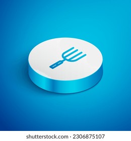 Isometric line Garden pitchfork icon isolated on blue background. Garden fork sign. Tool for horticulture, agriculture, farming. White circle button. Vector