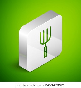 Isometric line Garden pitchfork icon isolated on green background. Garden fork sign. Tool for horticulture, agriculture, farming. Silver square button. Vector