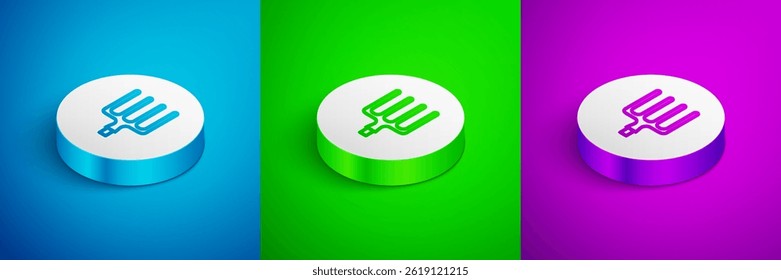 Isometric line Garden pitchfork icon isolated on blue, green and purple background. Garden fork sign. Tool for horticulture, agriculture, farming. White circle button. Vector