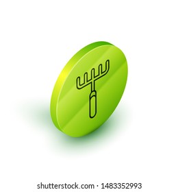 Isometric line Garden rake icon isolated on white background. Tool for horticulture, agriculture, farming. Ground cultivator. Housekeeping equipment. Green circle button. Vector Illustration