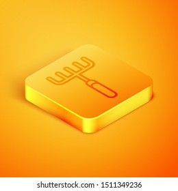 Isometric line Garden rake icon isolated on orange background. Tool for horticulture, agriculture, farming. Ground cultivator. Housekeeping equipment. Orange square button. Vector Illustration